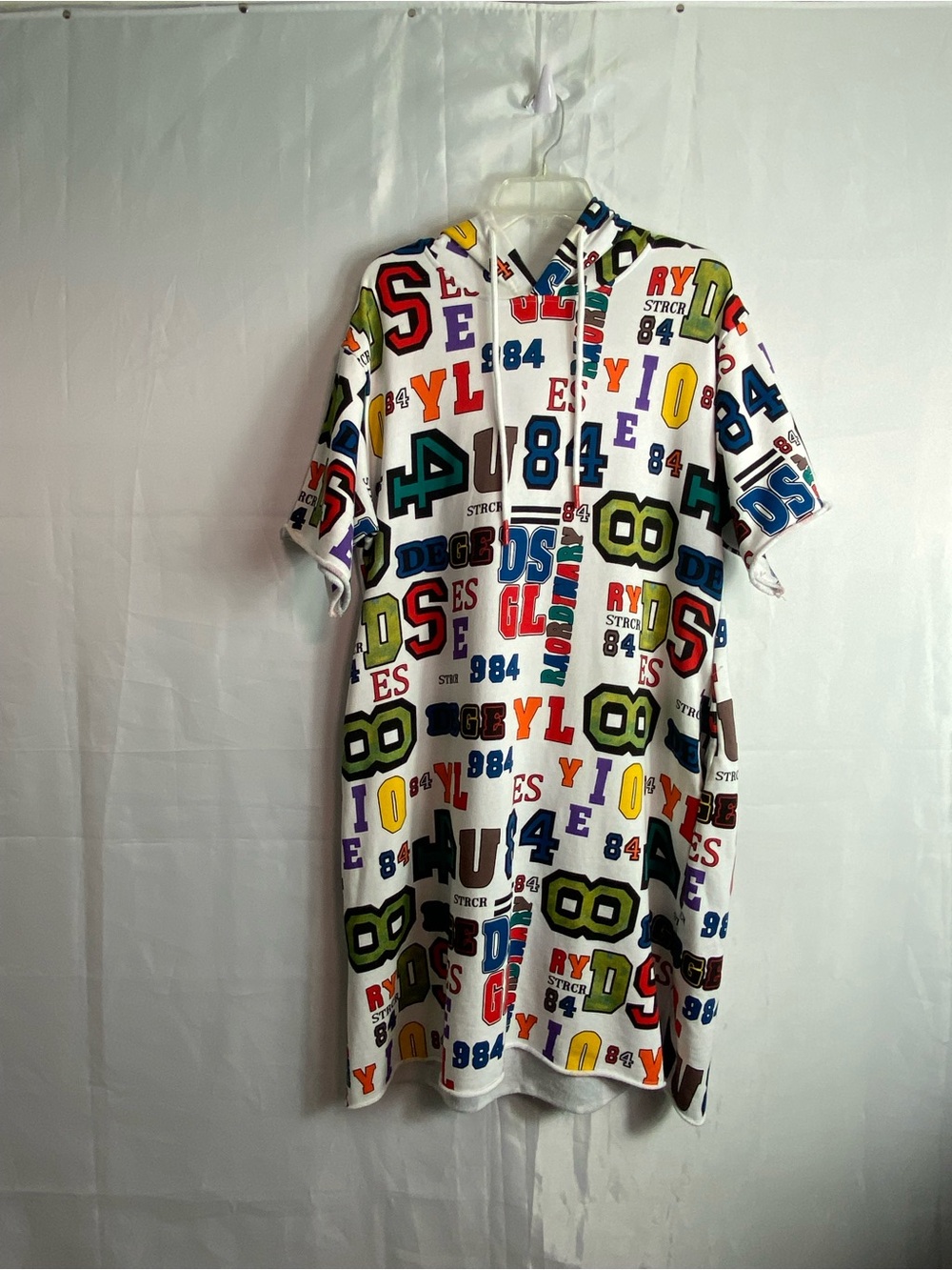 White Multicolor Graphic Mini Dress with Hood